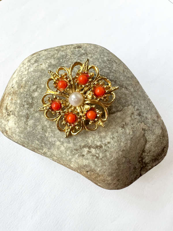 Brooch - Gold Tone Flower Shape Design with Centre Pearly Bead surrounded by 6 Coral Colour Beads...