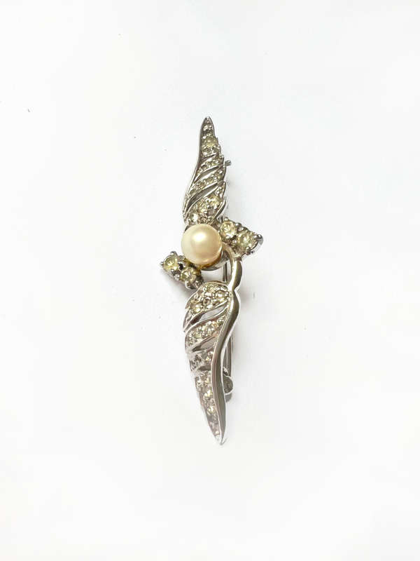 Brooch - England Stamped Silver Tone Pin. Filigree with 4 Diamond Shaped Clear Stones with Pearl ...