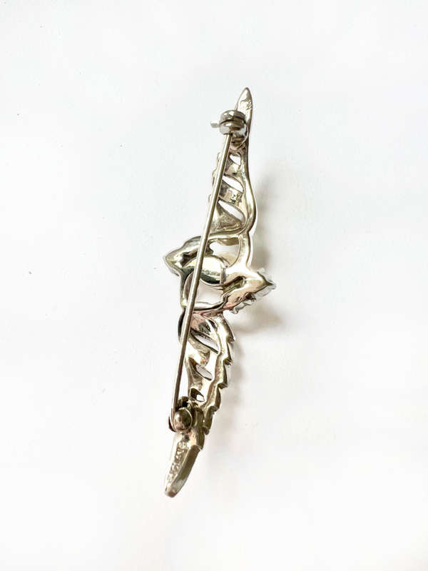 Brooch - England Stamped Silver Tone Pin. Filigree with 4 Diamond Shaped Clear Stones with Pearl ...