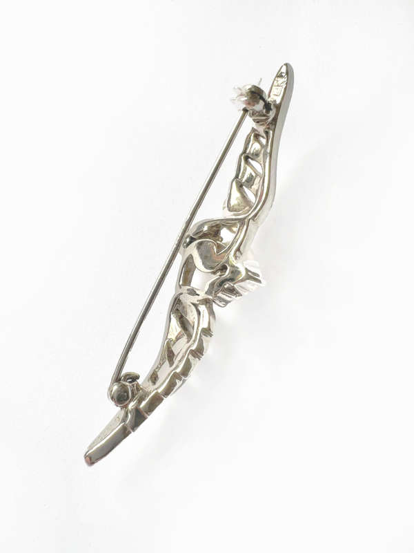 Brooch - England Stamped Silver Tone Pin. Filigree with 4 Diamond Shaped Clear Stones with Pearl ...