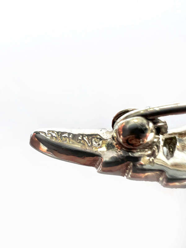 Brooch - England Stamped Silver Tone Pin. Filigree with 4 Diamond Shaped Clear Stones with Pearl ...