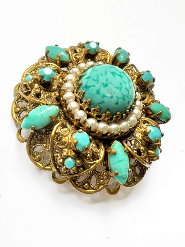 Brooch - Vintage Filigree Turquoise Design with small stones and large stone in the middle surrou...