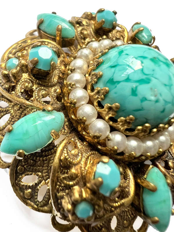 Brooch - Vintage Filigree Turquoise Design with small stones and large stone in the middle surrou...