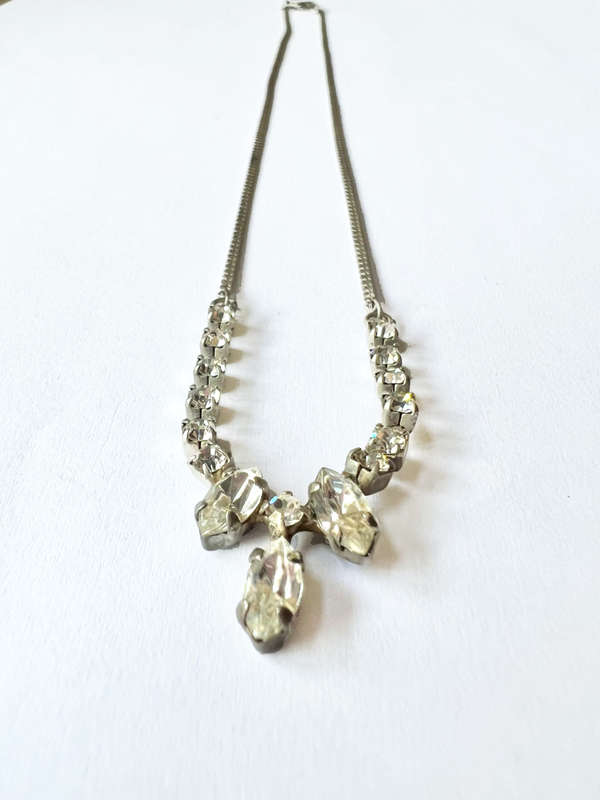 Necklace - Silver Colour Chain with Diamantes & Teardrop Shape Diamantes attached to Chain. Main ...