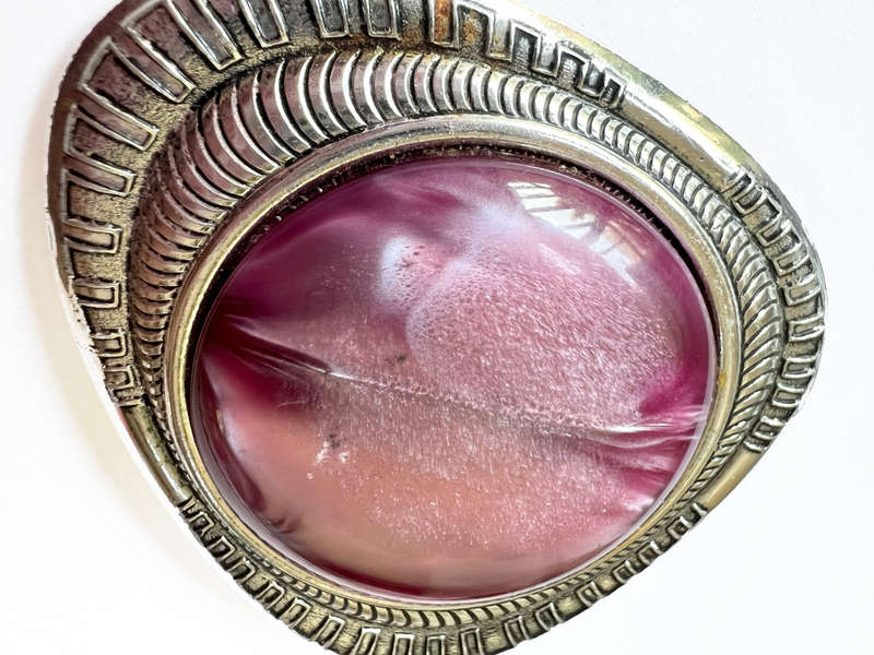 Brooch - Large Purple Plastic Stone set in Silver Tone. Curved Triangular Shape Setting ML1787