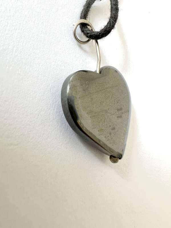Necklace - Black Hematite Heart on Leather adjustable Tongue ML1814