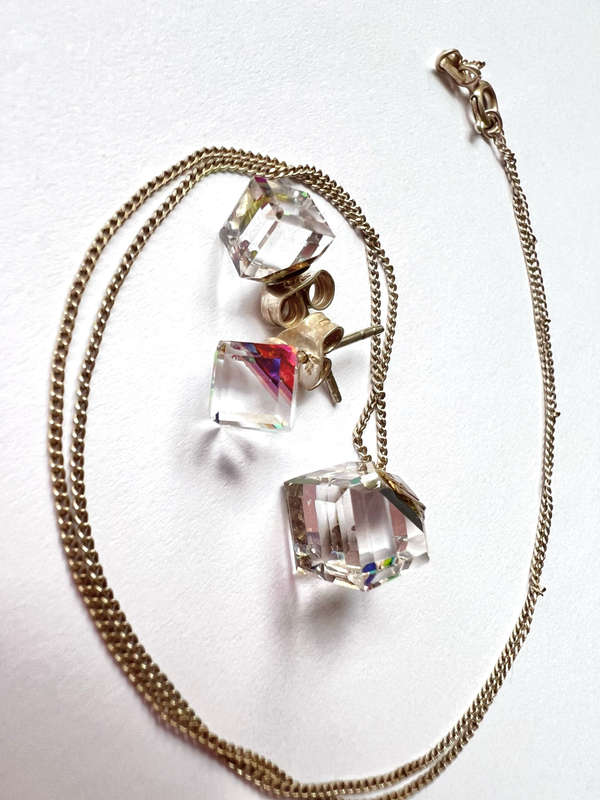 Set - Necklace and Earring Set. Clear Cubic Shape Swarovski Stud Earring. Matching Clear Cubic Sh...