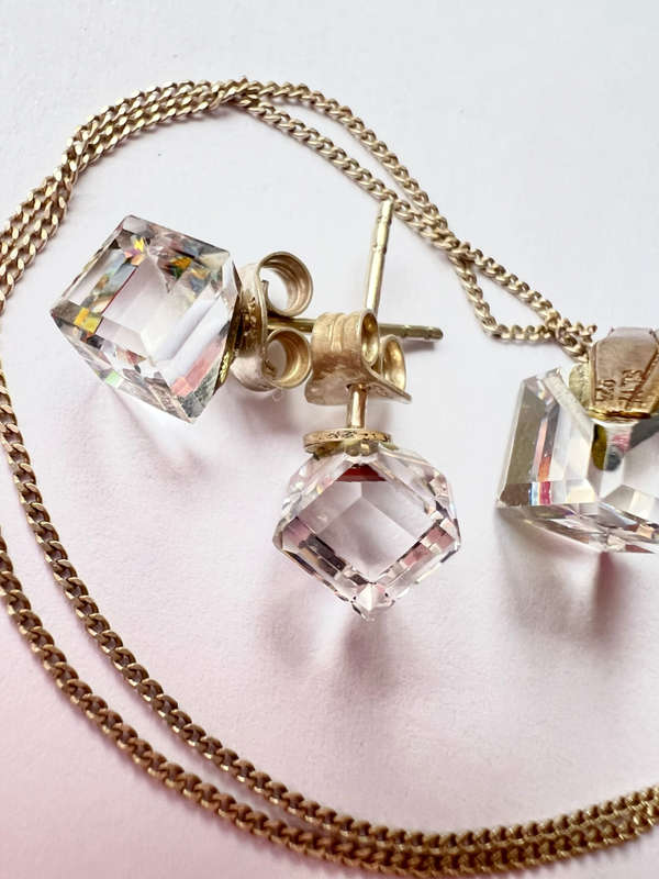 Set - Necklace and Earring Set. Clear Cubic Shape Swarovski Stud Earring. Matching Clear Cubic Sh...