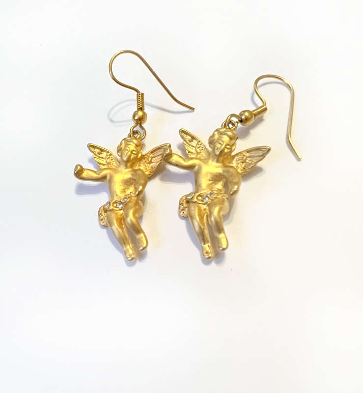 Earrings - Drop Design. Cherub Angel. Gold Tone. Shiny Stones on Middle ML1828
