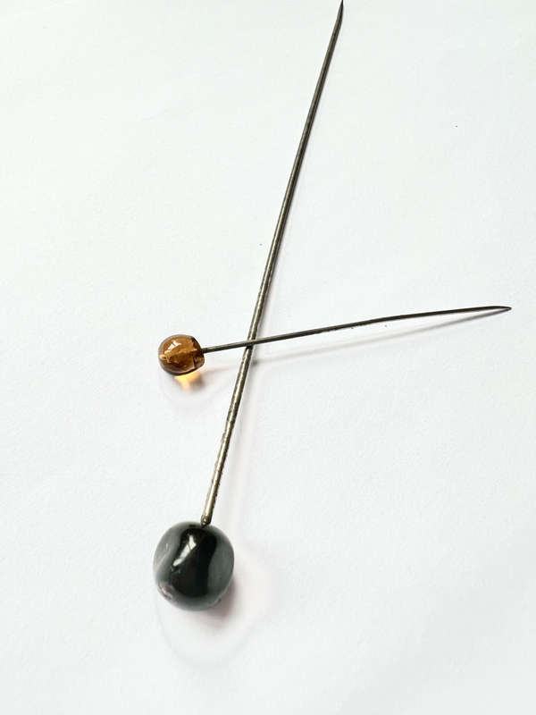 2 Hat Pins - Long Black Jet Stone Pin Tarnished Antique. Short Amber Stone Tarnished Pin ML1832