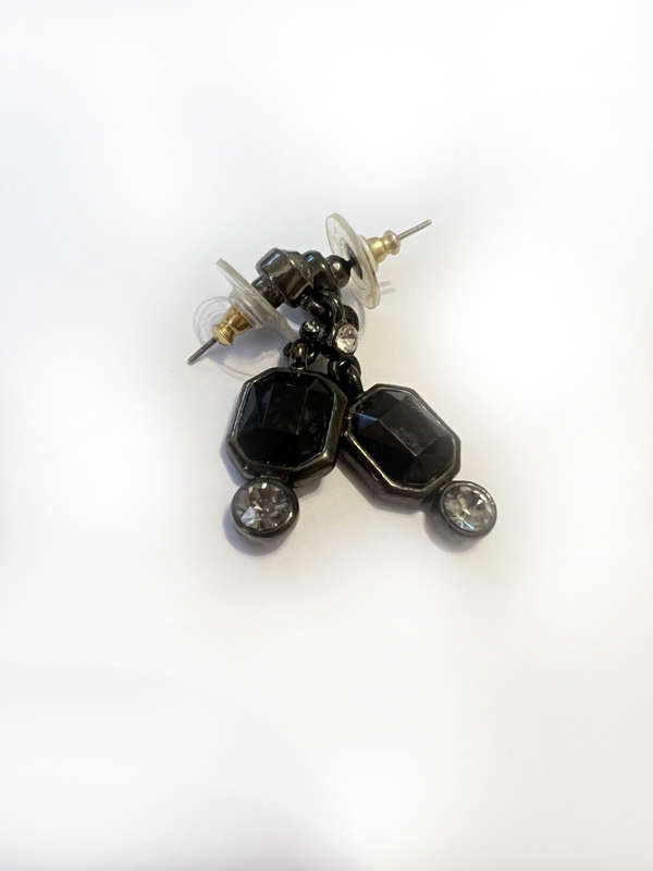 Earrings - For Pierced Ears. Hanging with Clear Large Stones. Jet Black Colour Stone in Metal Fra...