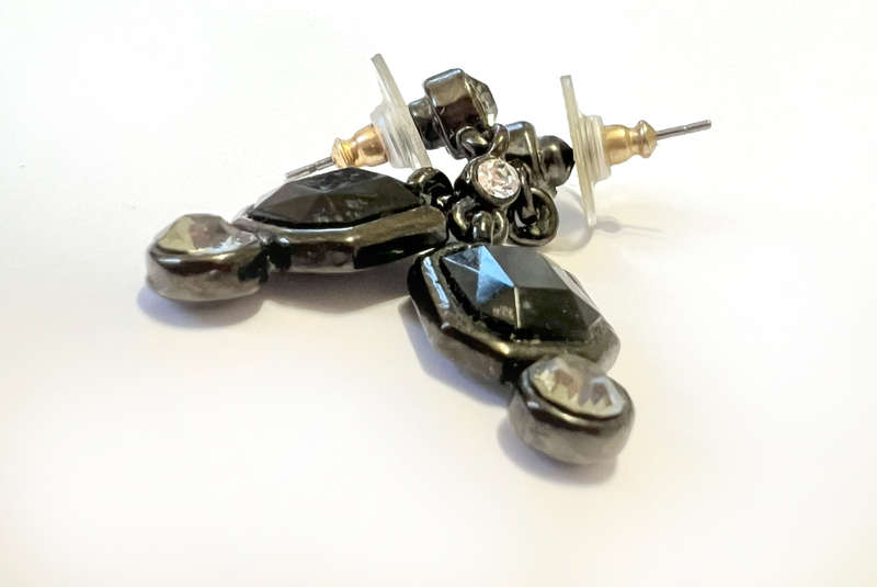 Earrings - For Pierced Ears. Hanging with Clear Large Stones. Jet Black Colour Stone in Metal Fra...