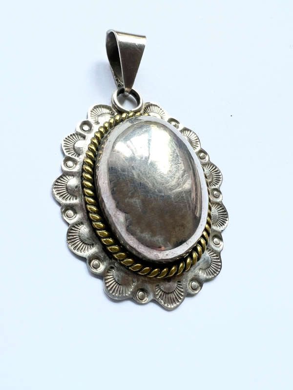 Pendant - Etched Border. Two Tone with Pop Out Oval Centre Piece. TM 142 Mexican 925 Silver ML1844