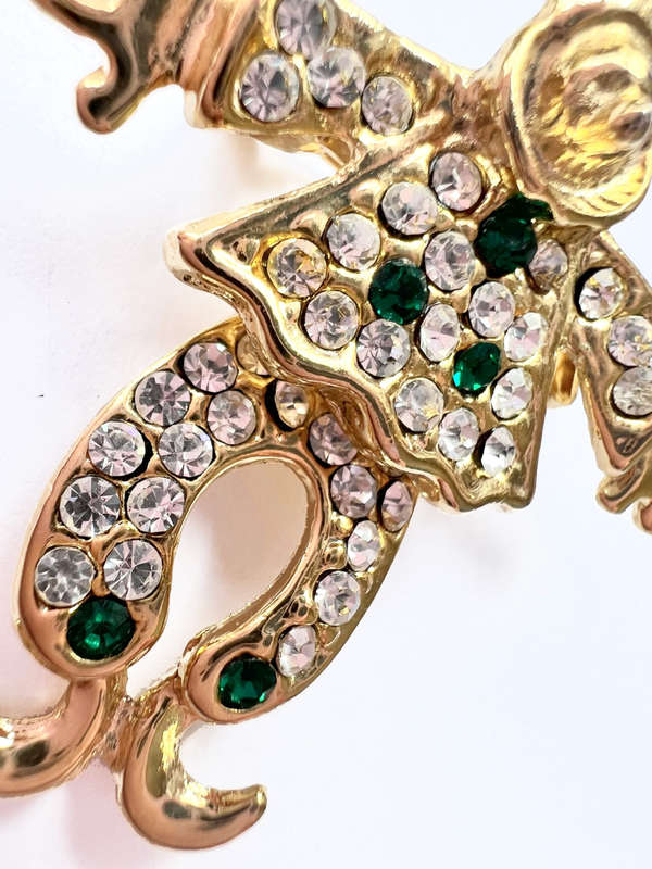 Brooch - Gold Tone Vintage Clown with movable body. Clear & Green Rhinestones ML1847