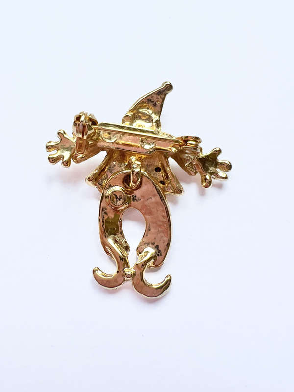 Brooch - Gold Tone Vintage Clown with movable body. Clear & Green Rhinestones ML1847