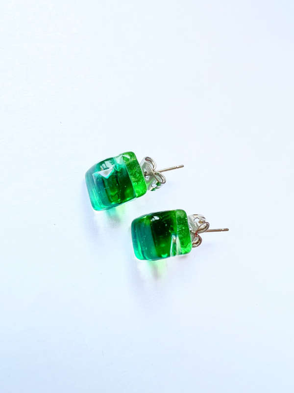Earrings - Transparent Green Tone Cube Shaped Studs ML1859
