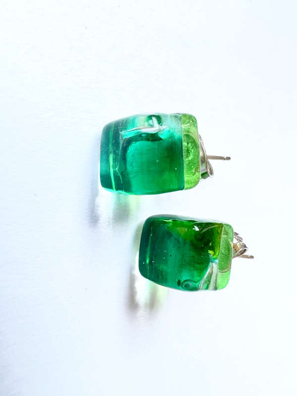 Earrings - Transparent Green Tone Cube Shaped Studs ML1859