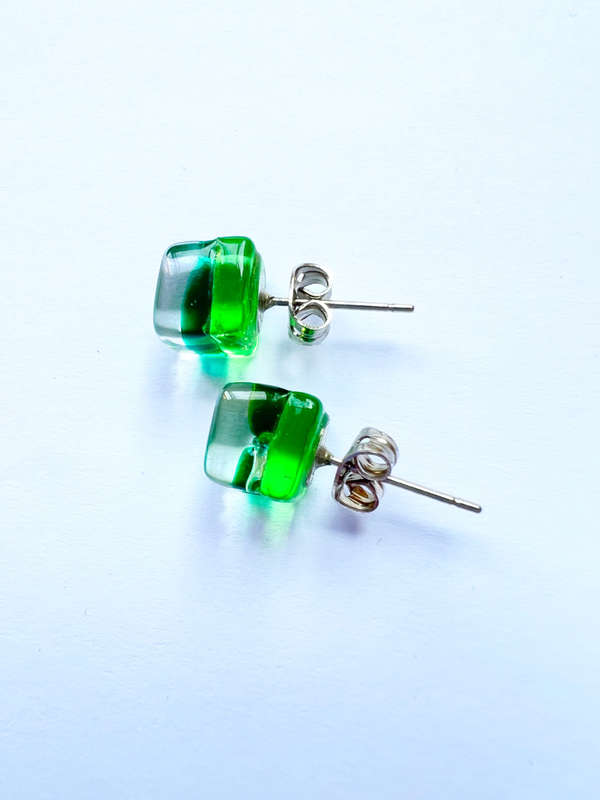 Earrings - Transparent Green Tone Cube Shaped Studs ML1859