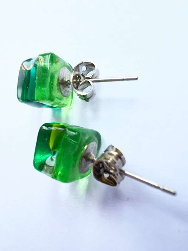 Earrings - Transparent Green Tone Cube Shaped Studs ML1859