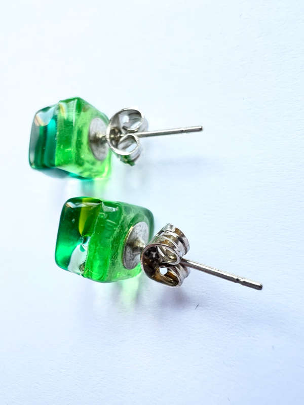 Earrings - Transparent Green Tone Cube Shaped Studs ML1859
