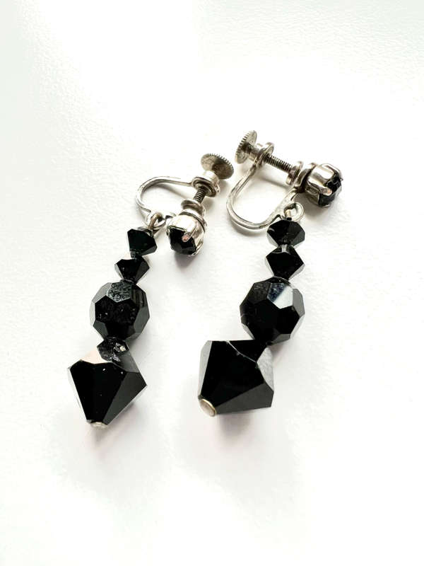 Earrings - Jet Black Glass Dangly Design. Screw Ons ML1860