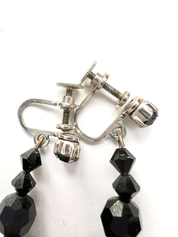 Earrings - Jet Black Glass Dangly Design. Screw Ons ML1860