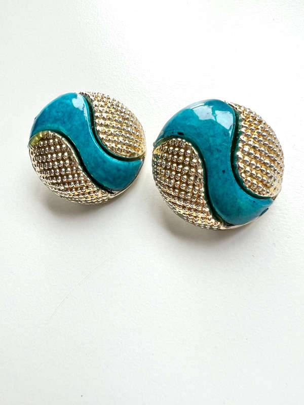 Earrings - Vintage Light Weight Silver/Gold/Turquoise Inlay ML1870