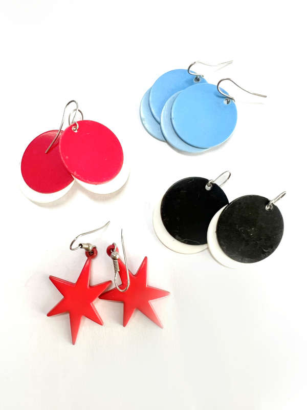 Earrings - For Pierced Ears. 4x Pair of Party Earrings. 1 x Round Blue. 1x Round Red& White. 1x R...