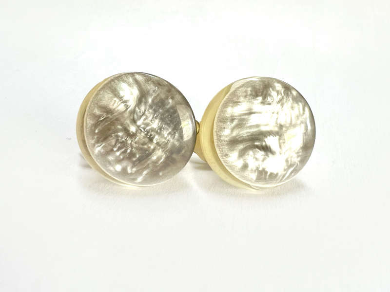 Earrings - Small Vintage Shimmery Grey with Cream Outer Clip Ons ML1879