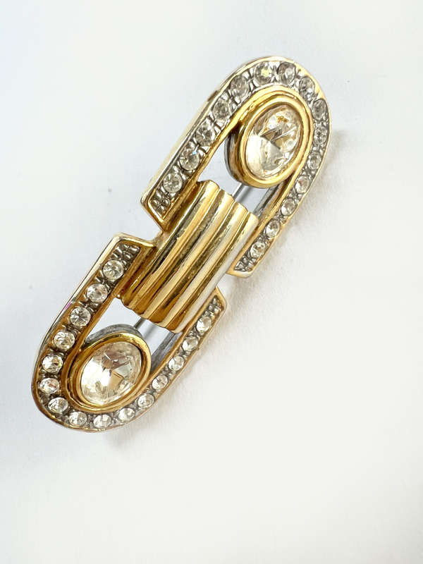 Brooch - Vintage Oblong Design. Buckle Style with Large Clear Stone on either Side. Gold Tone Pan...