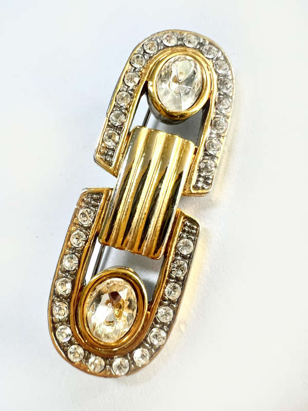 Brooch - Vintage Oblong Design. Buckle Style with Large Clear Stone on either Side. Gold Tone Pan...