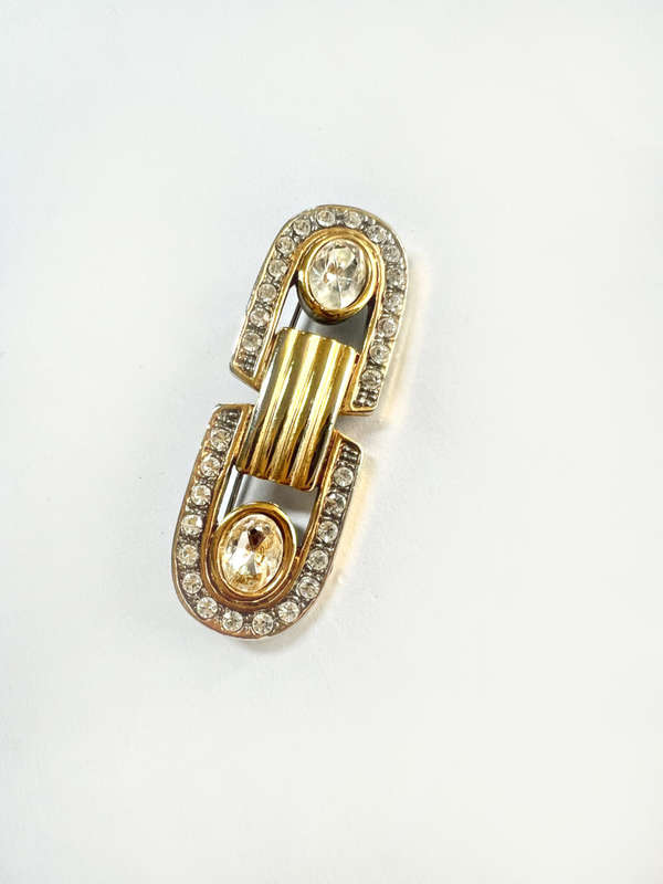 Brooch - Vintage Oblong Design. Buckle Style with Large Clear Stone on either Side. Gold Tone Pan...