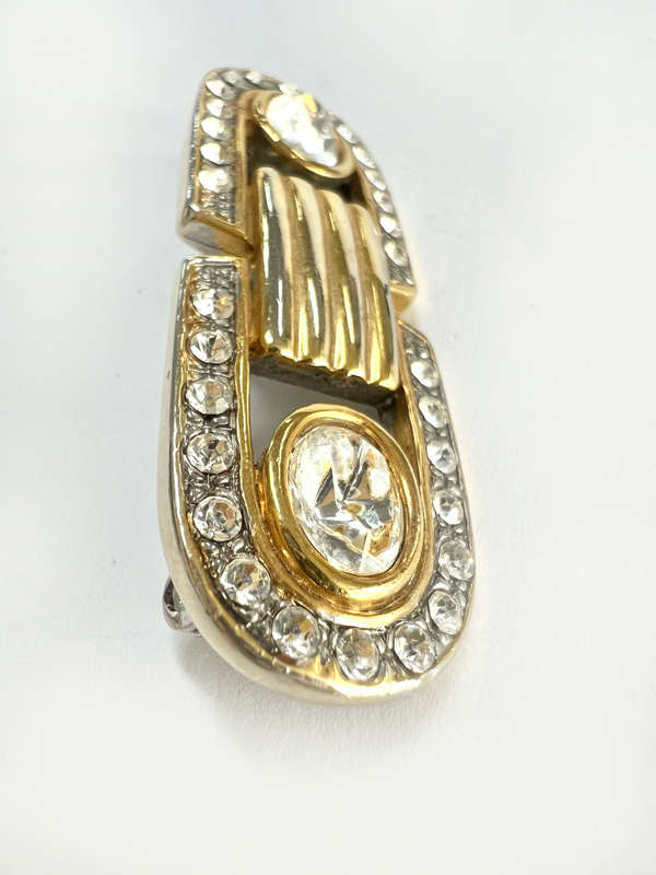 Brooch - Vintage Oblong Design. Buckle Style with Large Clear Stone on either Side. Gold Tone Pan...