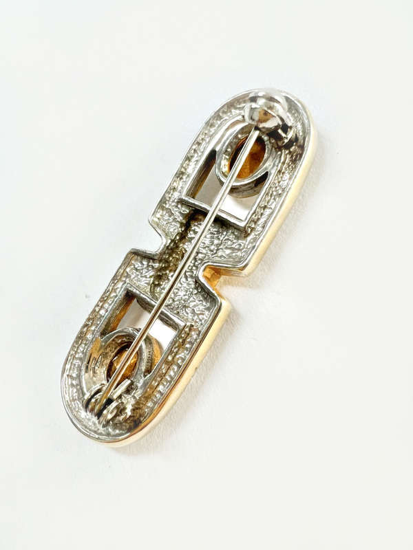 Brooch - Vintage Oblong Design. Buckle Style with Large Clear Stone on either Side. Gold Tone Pan...