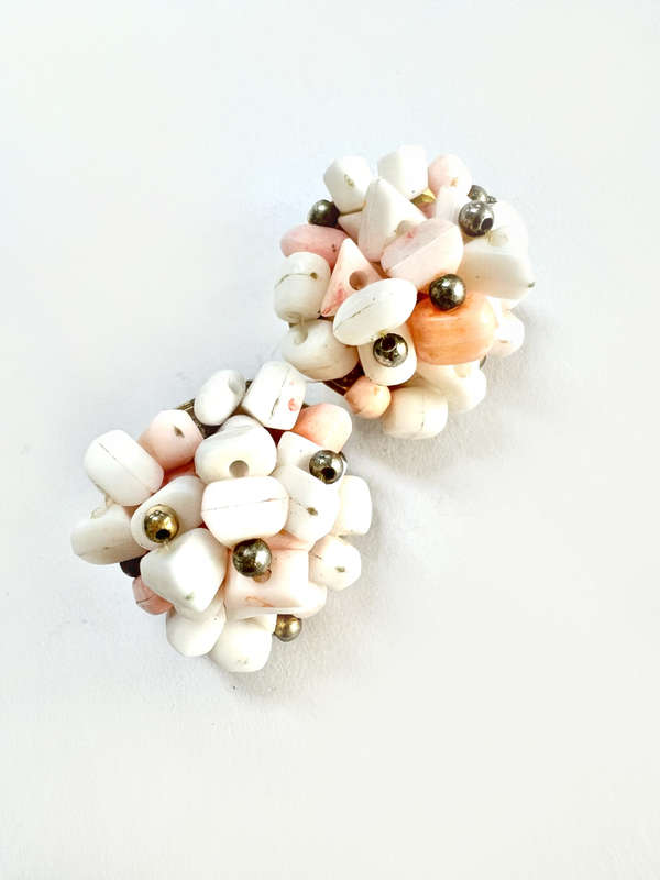Earrings - Vintage Clip Ons. Coral/ White Colour. Chips in a Cluster ML1885