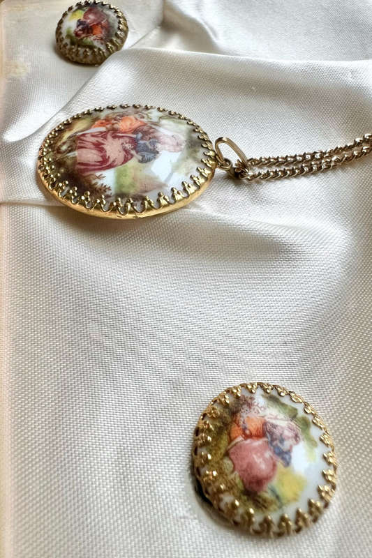 Set - Vintage Pendant & Clip on Earrings. Gold Tone Fragonard Courting Couple. Gold Tone Chain ML...