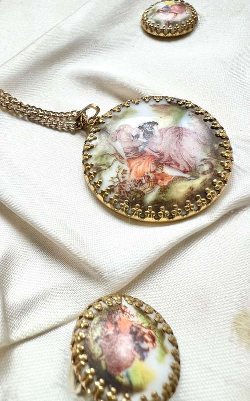 Set - Vintage Pendant & Clip on Earrings. Gold Tone Fragonard Courting Couple. Gold Tone Chain ML...