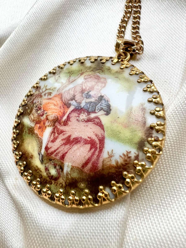 Set - Vintage Pendant & Clip on Earrings. Gold Tone Fragonard Courting Couple. Gold Tone Chain ML...