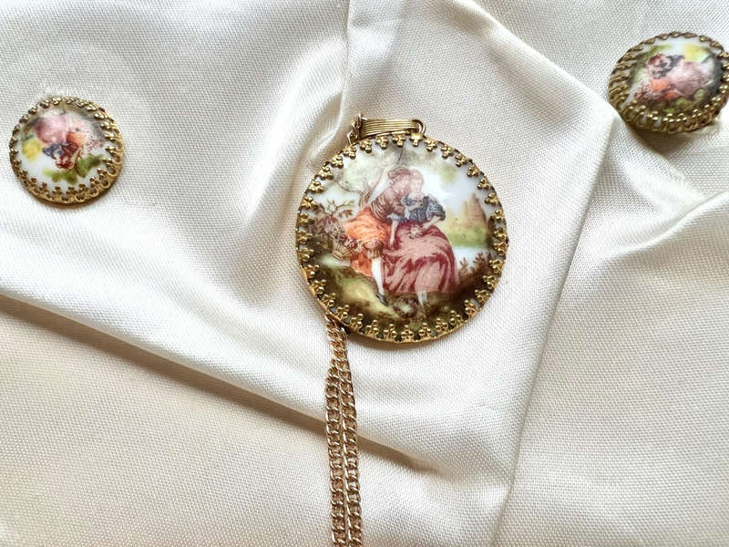 Set - Vintage Pendant & Clip on Earrings. Gold Tone Fragonard Courting Couple. Gold Tone Chain ML...