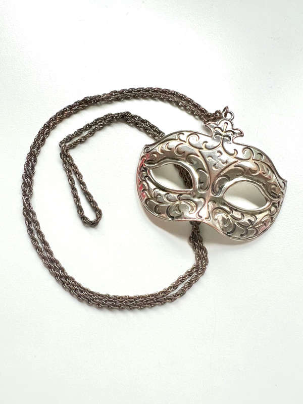 Pendant - Large Masquerade Mask Charm. Silver Tone Metal. Chain - Rope Style in Dark Grey Metal M...