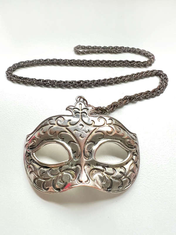 Pendant - Large Masquerade Mask Charm. Silver Tone Metal. Chain - Rope Style in Dark Grey Metal M...