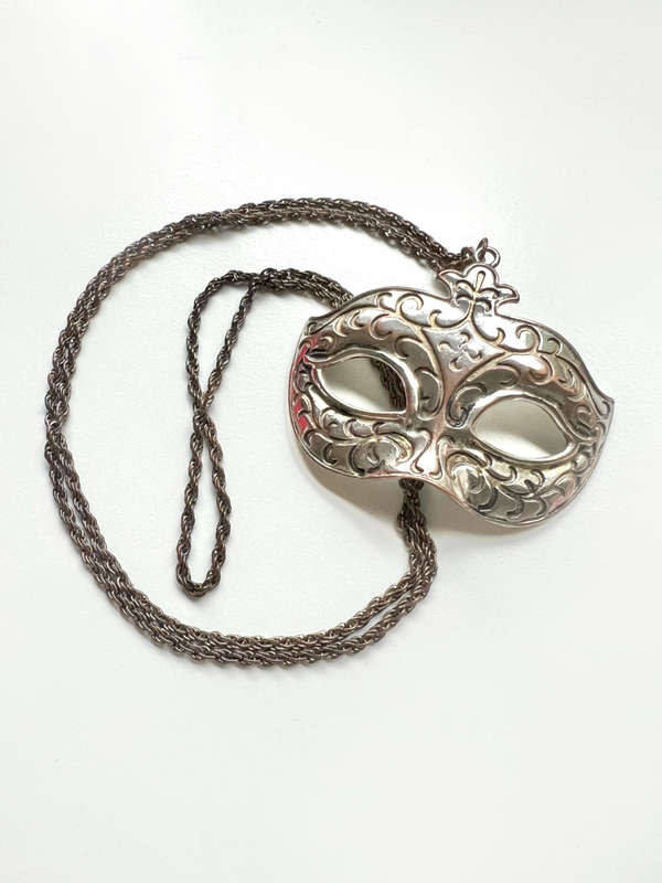 Pendant - Large Masquerade Mask Charm. Silver Tone Metal. Chain - Rope Style in Dark Grey Metal M...