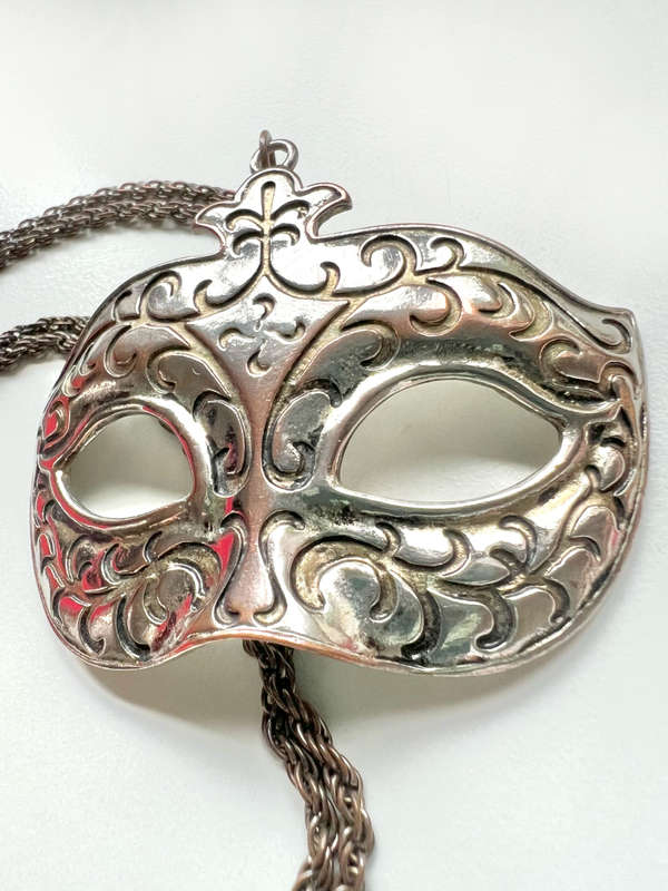 Pendant - Large Masquerade Mask Charm. Silver Tone Metal. Chain - Rope Style in Dark Grey Metal M...