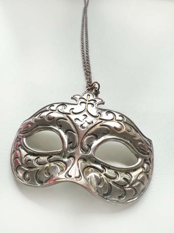 Pendant - Large Masquerade Mask Charm. Silver Tone Metal. Chain - Rope Style in Dark Grey Metal M...