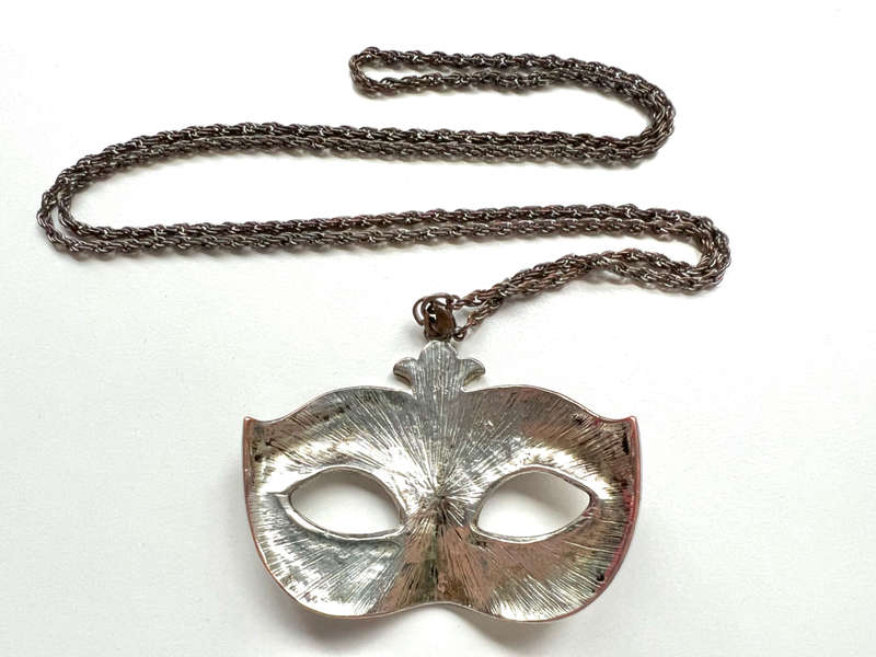 Pendant - Large Masquerade Mask Charm. Silver Tone Metal. Chain - Rope Style in Dark Grey Metal M...