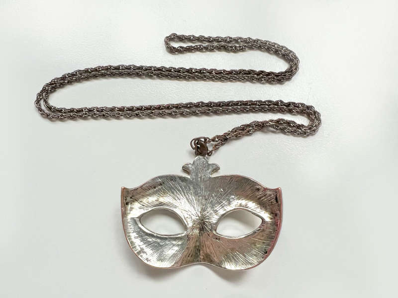 Pendant - Large Masquerade Mask Charm. Silver Tone Metal. Chain - Rope Style in Dark Grey Metal M...