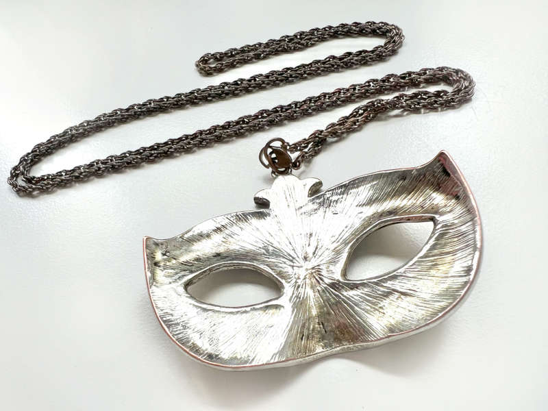 Pendant - Large Masquerade Mask Charm. Silver Tone Metal. Chain - Rope Style in Dark Grey Metal M...