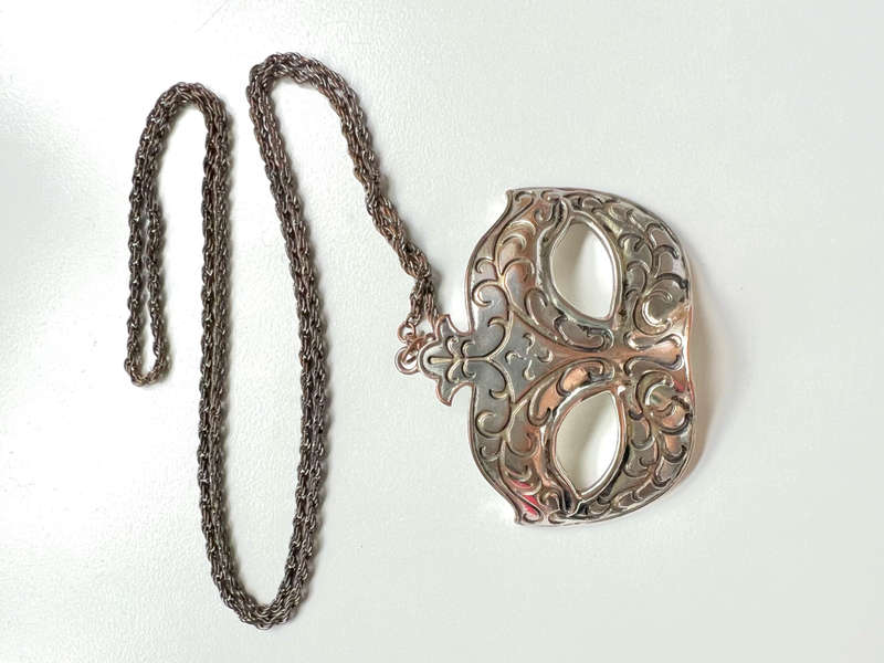 Pendant - Large Masquerade Mask Charm. Silver Tone Metal. Chain - Rope Style in Dark Grey Metal M...