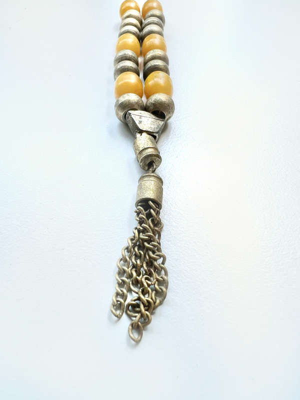 Necklace - Rustic Worry Beads. Amber & Metal on Chain with Metal Tassels ML1901