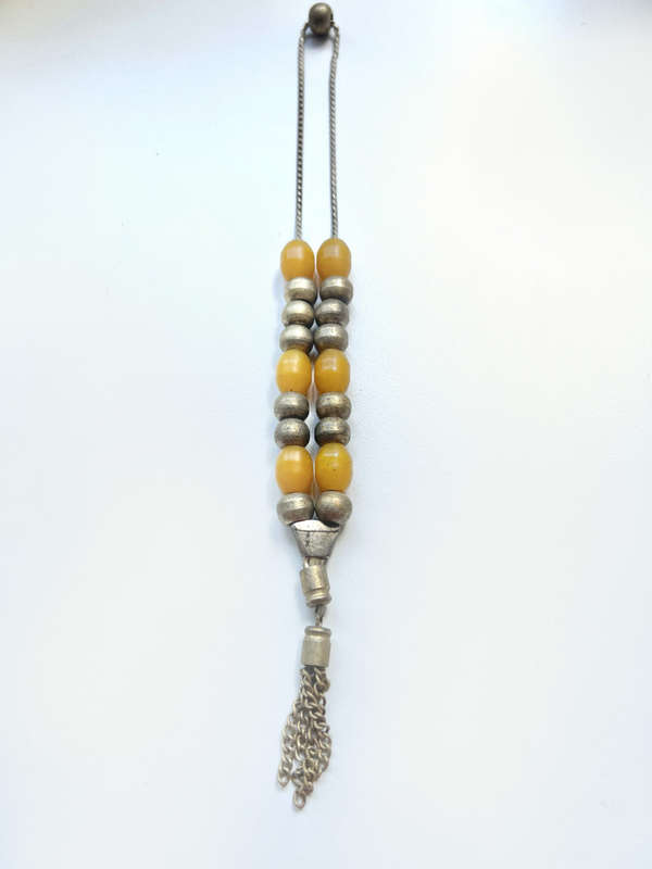 Necklace - Rustic Worry Beads. Amber & Metal on Chain with Metal Tassels ML1901